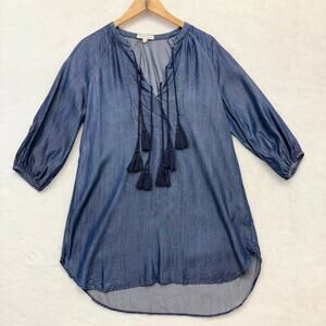 Honey Punch Chambray Denim Boho Tassel Peasant Blouse Tunic Mini Dress Size S